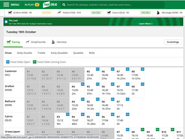 Screenshot of 'Today's Racing' screen at tab.com.au.