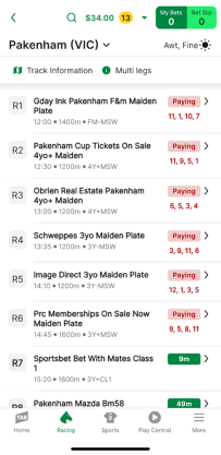 Screenshot of TAB app race meeting page.
