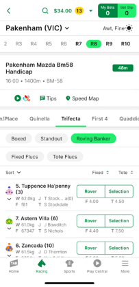 Screenshot of TAB app race page with 'Trifecta' selected as the bet type and the 'Roving Banker' option selected.