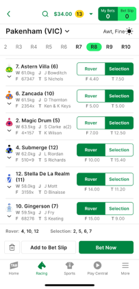 Screenshot of TAB app race page with example 'Trifecta' and 'Roving Banker' selections.