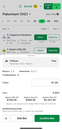 Screenshot of TAB app 'Confirm Bet' screen.