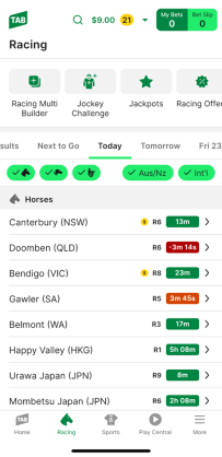 Screenshot of TAB app racing homepage.