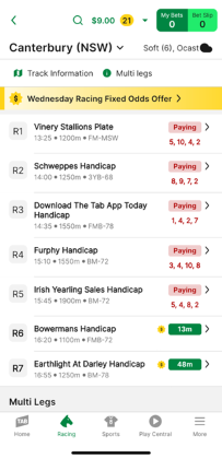 Screenshot of TAB app race meeting page.