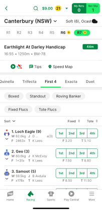 Screenshot of TAB app race page with 'First 4' selected as the bet type.
