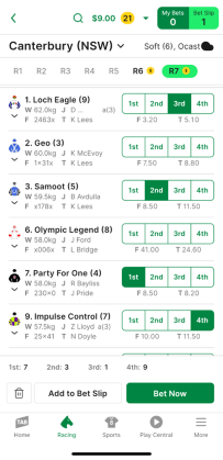 Screenshot of TAB app race page with example 'First 4' selections.