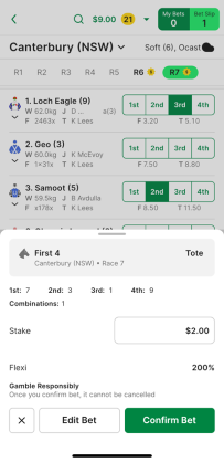 Screenshot of TAB app 'Confirm Bet' screen with example 'First 4' bet.