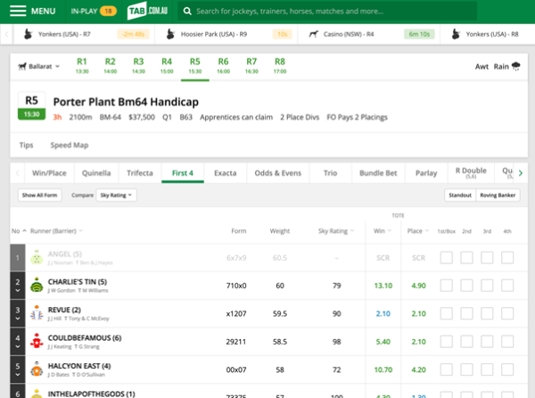 Screenshot of tab.com.au race page with 'First 4' selected as the bet type.