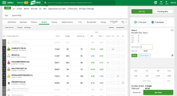 Screenshot of tab.com.au race page with example 'First 4' selections.