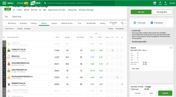 Screenshot of tab.com.au 'Submit' bet screen with example 'First 4' bet.