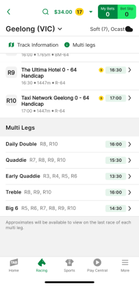 Screenshot of the 'Multi-legs' section of the TAB app race meeting page.
