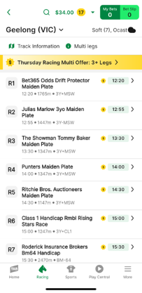 Screenshot of TAB app race meeting page.