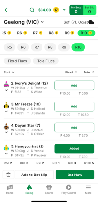 Screenshot of TAB app race meeting page with 'Big 6' selected as the bet type and example selections made.