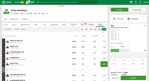 Screenshot of tab.com.au bet slip with example 'Big 6' bet.
