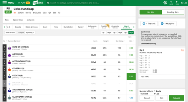 Screenshot of tab.com.au bet slip with example 'Big 6' bet.