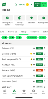 Screenshot of TAB app racing homescreen.