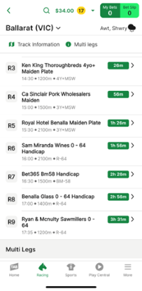 Screenshot of TAB app race meeting page.