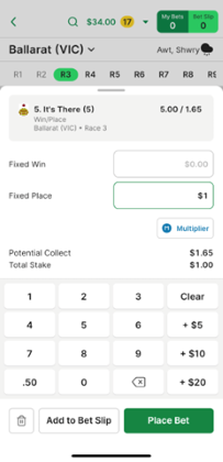 Screenshot of TAB app 'Place Bet' screen with 'place' bet example.