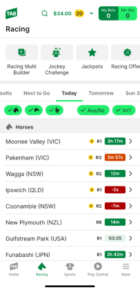 Screenshot of TAB app 'racing' homescreen.