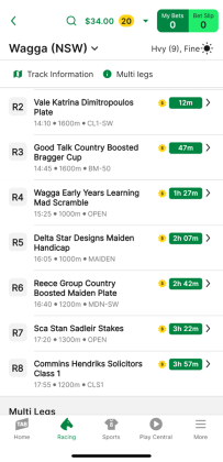 Screenshot of TAB app race meeting page.