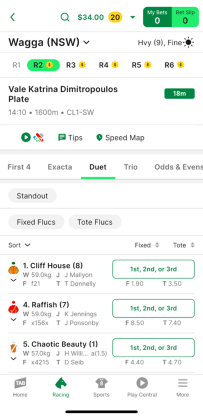 Screenshot of TAB app race page with 'Duet' selected as the bet type.