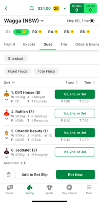 Screenshot of TAB app race page with 'Duet' selected as the bet type and example 'Duet' selections.