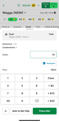 Screenshot of TAB app 'Place Bet' screen with example 'Duet' bet.