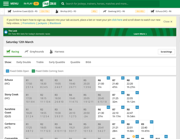 Screenshot of 'Today's Racing' screen at tab.com.au.