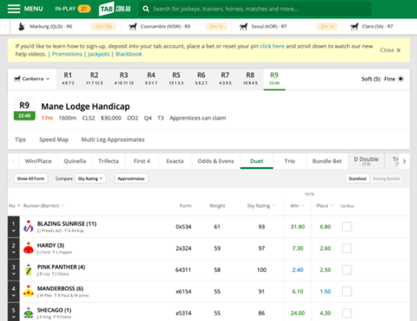 Screenshot of tab.com.au race page with 'Duet' selected as the bet type.