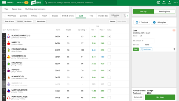 Screenshot of tab.com.au race page with 'Duet' selected as the bet type and example 'Duet' selections made.