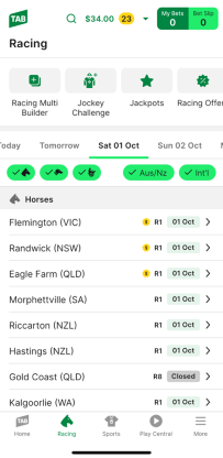 Screenshot of TAB app 'racing' homescreen.