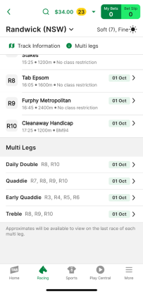 Screenshot of 'Multi-legs' section of TAB app race meeting page.