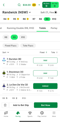 Screenshot of TAB app race page with 'Treble' selected as the bet type and example 'Treble' selections made.