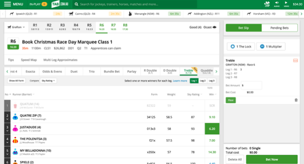 Screenshot of tab.com.au race page with 'Treble' selected as the bet type and example 'Treble' selection made.