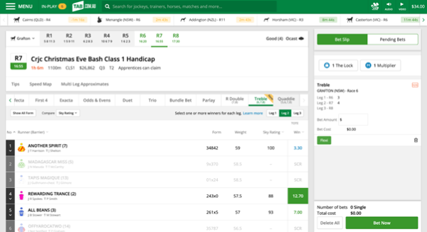 Screenshot of tab.com.au race page with 'Treble' selected as the bet type an example 'Treble' selection made.