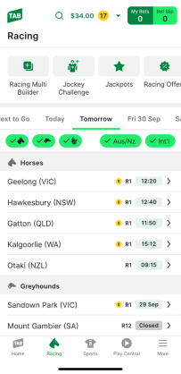 Screenshot of TAB app racing homescreen.
