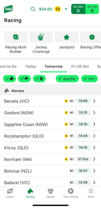 Screenshot of TAB app 'racing' homescreen.