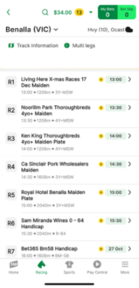 Screenshot of TAB app race meeting page.