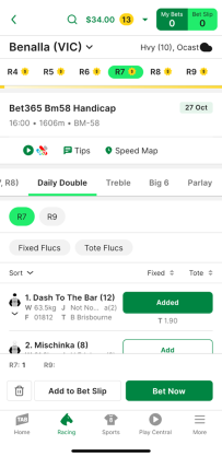 Screenshot of TAB app race page with 'Daily Double' selected as the bet type and example 'Daily Double' selection.