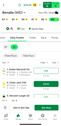 Screenshot of TAB app race page with 'Daily Double' selected as the bet type and example 'Daily Double' selections.