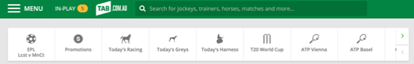 Screenshot of 'quick links' menu at tab.com.au