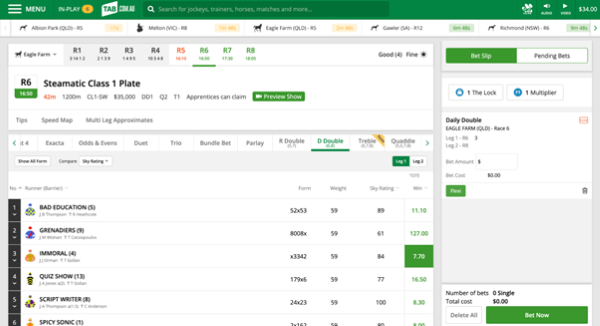 Screenshot of tab.com.au race page with 'Daily Double' selected as the bet type and example 'Daily Double' selection.