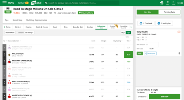 Screenshot of tab.com.au race page with 'Daily Double' selected as the bet type and example 'Daily Double' selections.
