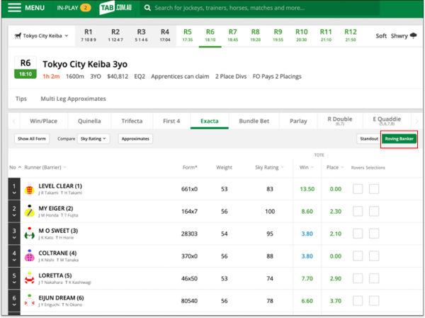 Screenshot of tab.com.au race page with 'Roving Banker' option highlighted.