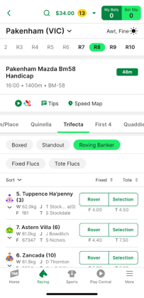 Screenshot of TAB app race page with 'Roving Banker' option selected.
