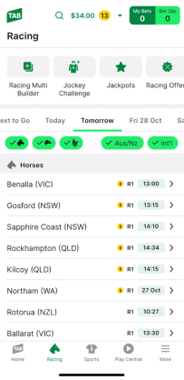 Screenshot of TAB app 'racing' homepage.