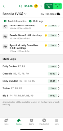 Screenshot of 'Multi-legs' section of TAB app race meeting page.