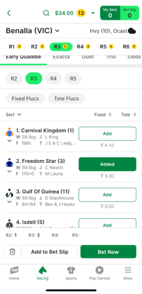 Screenshot of TAB app race page with 'Early Quaddie' selected as the bet type and example 'Early Quaddie' selections.