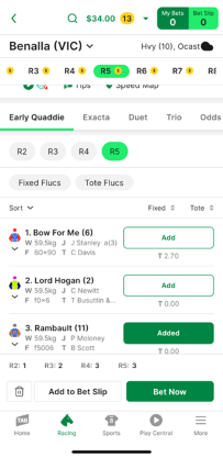 Screenshot of TAB app race page with 'Early Quaddie' selected as the bet type and example 'Early Quaddie' selections.