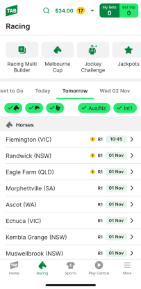 Screenshot of TAB app 'racing' homescreen.