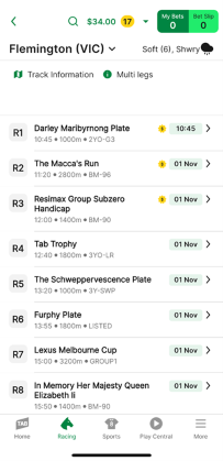 Screenshot of TAB app race meeting page.